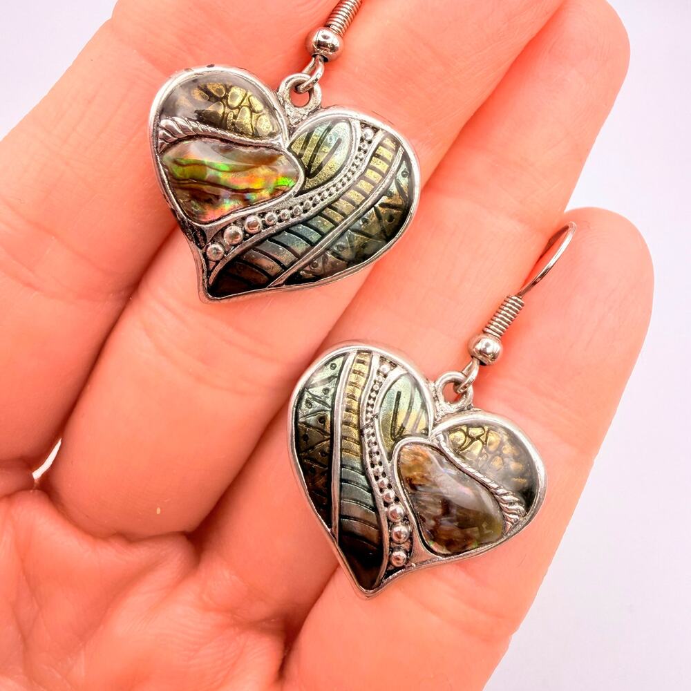 Boho Silver Tone Abalone Shell Heart Dangle Earrings Tribal Etched Statement